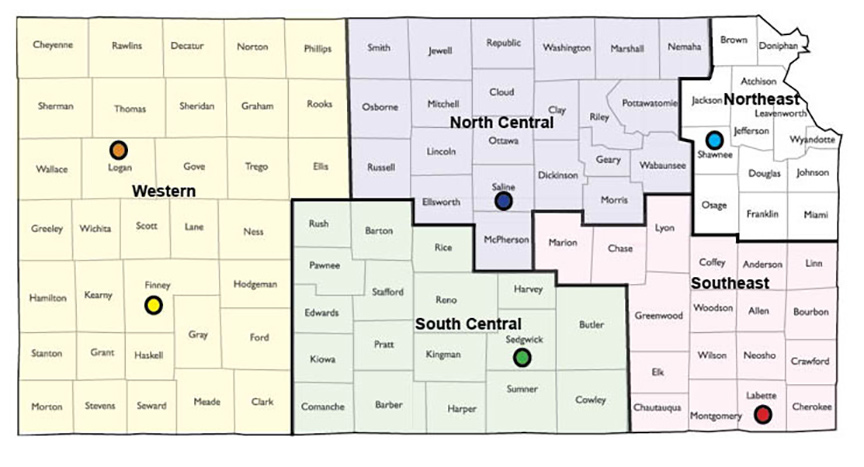 Kansas map shows the five regions served.
